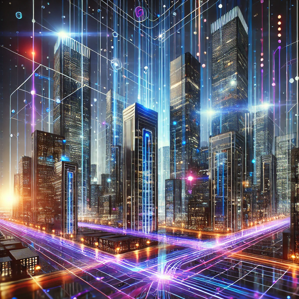 A futuristic cityscape at night with neon data streams interconnecting tall buildings, symbolizing a unified and scalable data architecture in a modern enterprise environment.