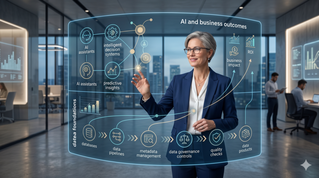 The image shows that AI readiness is not just about futuristic models but about leadership, trust, data foundations, governance, and responsible scale.