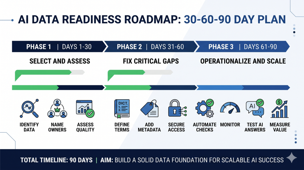A 30-60-90 day roadmap for AI data readiness: select and assess, fix critical gaps, operationalize and scale.