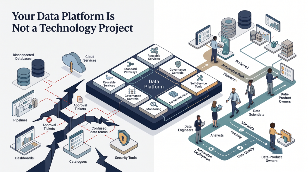 Editorial illustration contrasting a fragmented collection of data tools with a well-organized, self-service data platform.