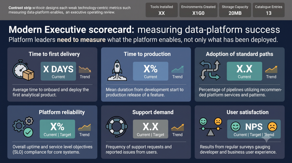 An executive data-platform scorecard tracks delivery speed, standard-path adoption, reliability, support demand, and user satisfaction.