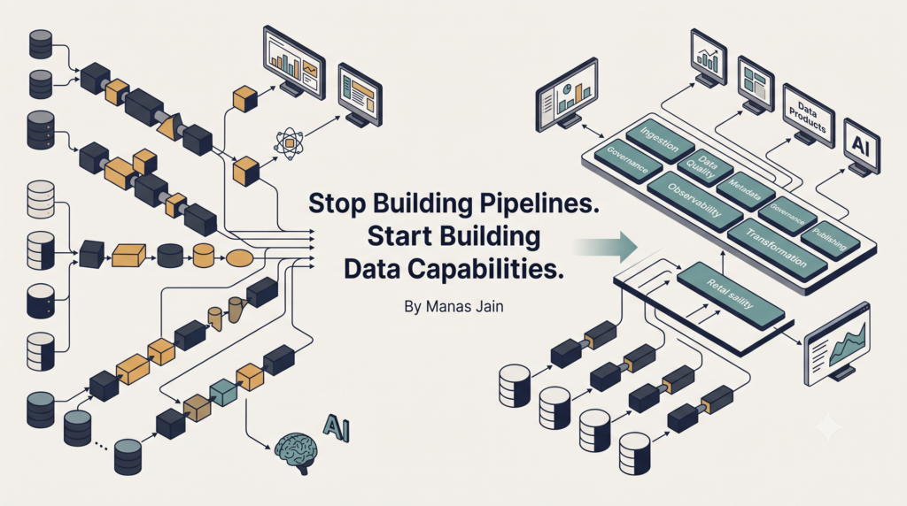 Fragmented data pipelines transforming into a modular architecture of reusable ingestion, quality, metadata, governance, observability, transformation, and publishing capabilities.