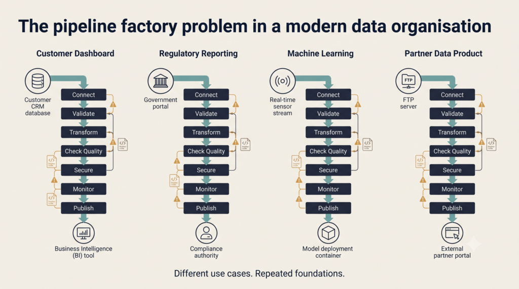 Four data pipelines for different use cases repeating the same connection, validation, transformation, quality, security, monitoring, and publishing stages.