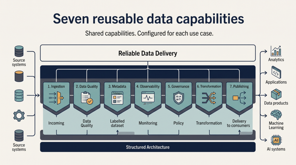Seven reusable data capabilities—ingestion, quality, metadata, observability, governance, transformation, and publishing—supporting reliable data delivery.