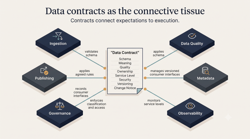 A central data contract connecting ingestion, data quality, metadata, observability, governance, and publishing through schema, ownership, quality, security, service-level, and versioning expectations.